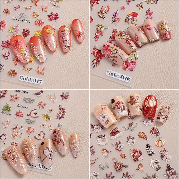 Fall Nail Stickers 3D Maple Leaves Nail Decals DIY Self Adhesive Tree Leaf Autumn Letter Nail Design Sticker Squirrel Animal Nail Decoration Supplies Holiday Manicure Accessories for Women Girls 4Pcs