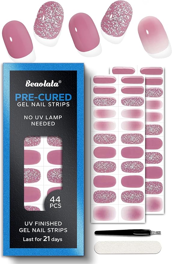 Pre Cured Gel Nail Strips - 44PCS Salon Quality Gel Nail Stickers - Long Lasting Polish Wraps for Women no UV Light Needed Easy Apply& Remove (Muted Pink)