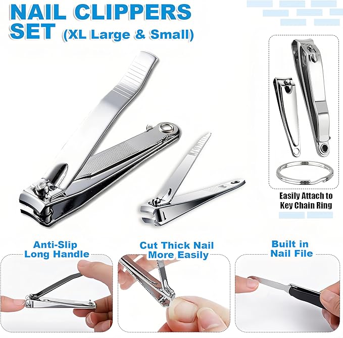 Toenail & Fingernail Nail Clippers Kit for Men Women Seniors, 8-Piece Stainless Steel Long Handled Nail Care Set, Nail Clippers Bulk for Travel, Gifts, (XL Large & Small Set, 4-Pack)