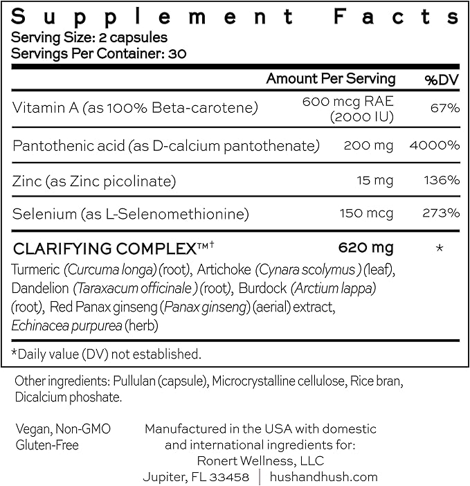 Hush & Hush SkinCapsule™ Clear+, Skin Care Supplement, Vegan, Acne Treatment for face, Clean Nutraceuticals Supplements That Contains Vitamin A, Turmeric, Dandelion Root, Zinc - 60 Capsules