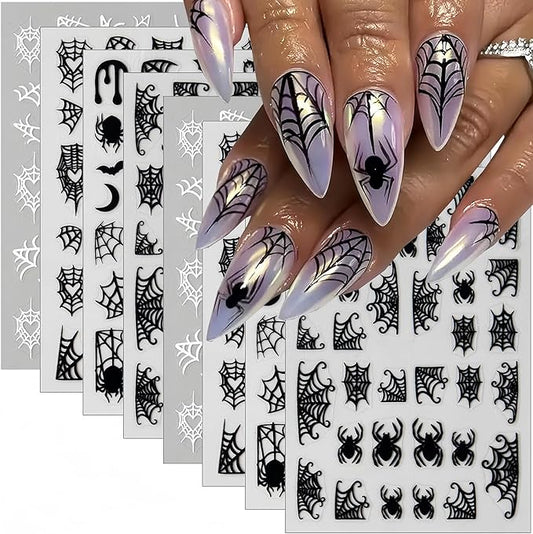 Spider Nail Art Stickers Black and White Spider Spider Web Nail Decals 3D Self-Adhesive Halloween Nail Sticker Spider Design Halloween Nail Art Decoration Holiday Nail Charms for Women 8 Sheets