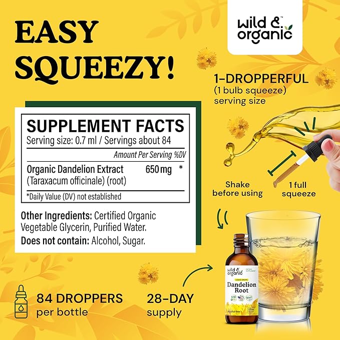 Wild & Organic Dandelion Root Supplement Drops - Liver Cleanse Support - Dandelion Root Tincture for Liver Detox - Vegan, Sugar & Alcohol-Free Liquid Extract - 2 fl oz