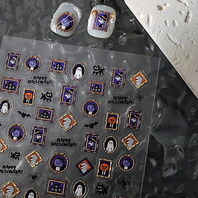 Halloween Nail Art Stickers 5D Embossed Stickers Decals Ghost Bat Pumpkin Nail Stickers Nail Decor Decals Cute Spider Mummy Designs Halloween Nail Art Accessories for Women