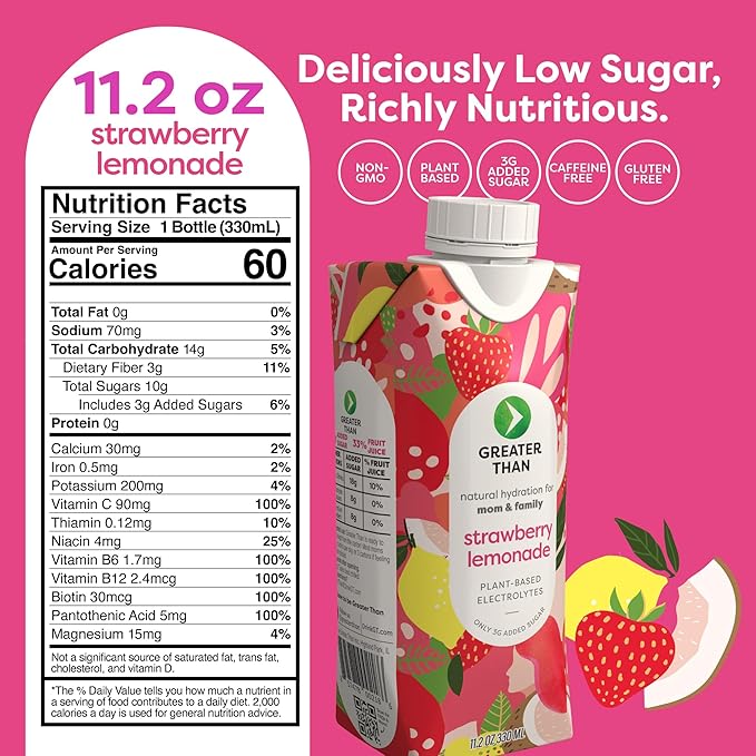 Greater Than Nutrient Hydration Beverage, Electrolyte Drink for Gut Health & Energy with Coconut Water, Vitamins, Gluten Free, Plant Based, Low Sugar, Strawberry Lemonade, 24 Pack