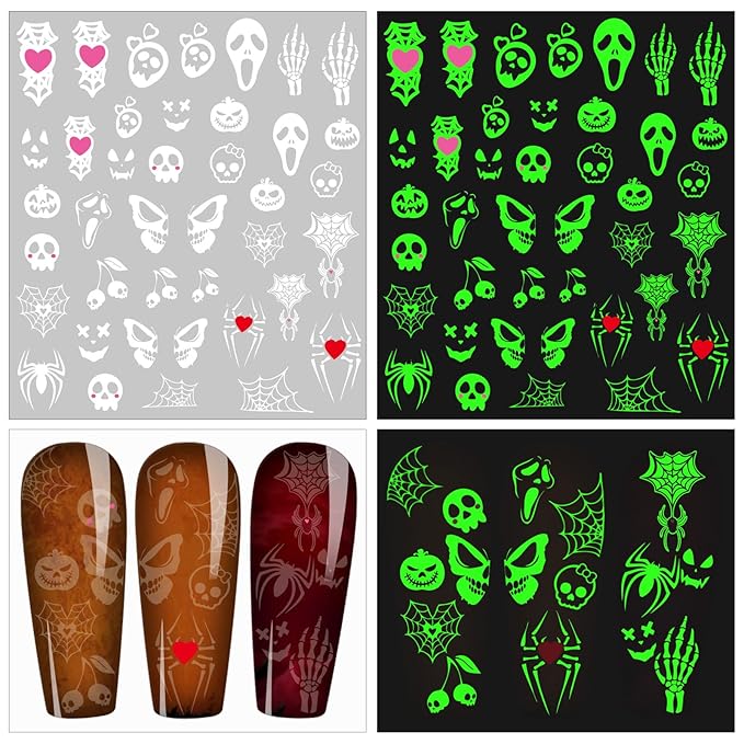 9 Sheets Luminous Halloween Nail Stickers for Women, Pumpkin Bat Ghost Witch Skull Scratches Nail Art Stickers for Girls Kids Nail Art Halloween Decoration