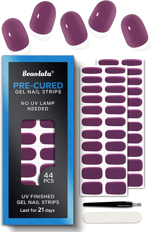 Pre Cured Gel Nail Strips - 44PCS Salon Quality Gel Nail Stickers - Long Lasting Polish Wraps for Women no UV Light Needed Easy Apply& Remove (Fudge Purple）