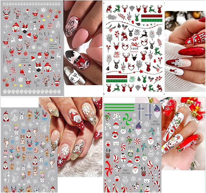 10 Sheets Christmas Nail Art Stickers 3D Xmas Nail Decals Winter Snowflake Santa Claus Snowman Buffalo Plaid Reindeer Nail Stickers for Christmas Nail Designs Decorations Manicure Tips Charms