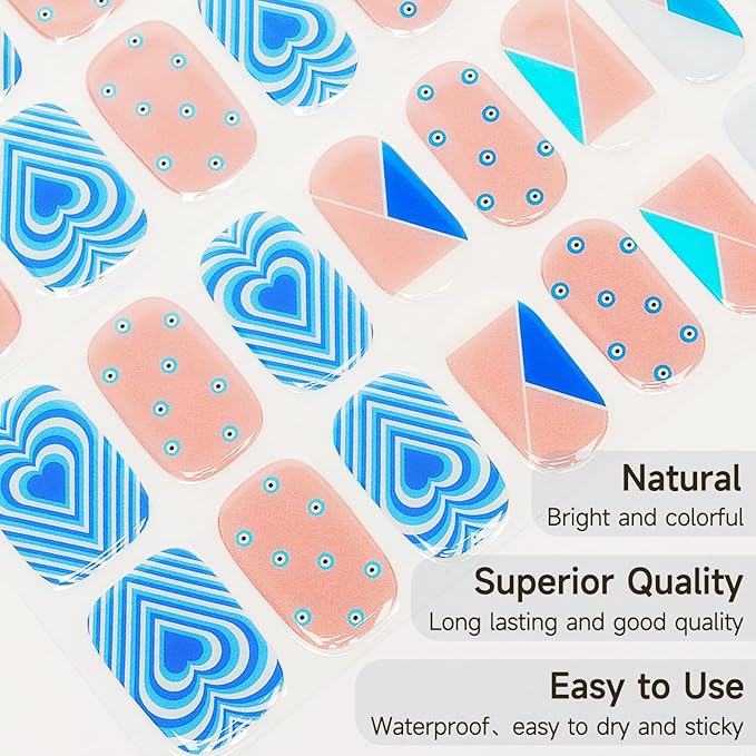 Semi Cured Gel Nail Strips, Blue Heart | 28 pcs Gel Nail Strips Work with Any UV Lamp, Salon Quality UV Nails Stickers, Easy to Apply for Home Nails DIY