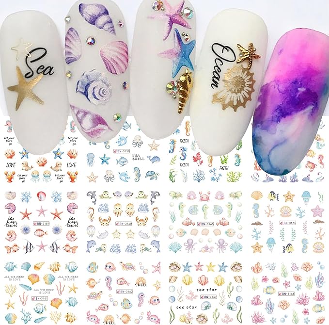 Summer Nail Stickers for Nail Art 36 Designs Ocean Water Transfer Nail Decals Sea Shell Starfish Jellyfish Sea Turtle Seaweed DIY Stickers Nails Supplies Vacation Beach Manicure Decoration 3 Sheets