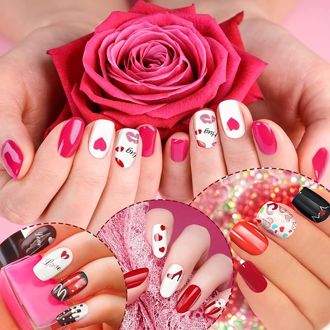 140 Pcs 10 Sheets Valentine's Day Full Wrap Nail Stickers Polish Strips Gradient Stickers Glitter Self Adhesive DIY Art Decals Strips with 2 Pcs Nail Files for Valentine Decor