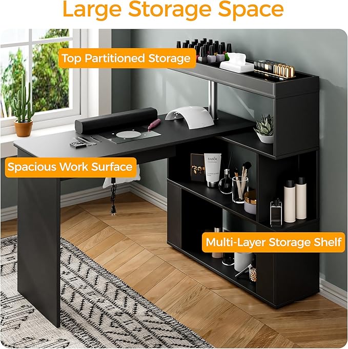 Manicure Table, L-Shaped Nail Tech Desk with Dust Collector, Reversible Rotating Table & Storage Shelf, Acetone Resistant Beauty Salon Station, Black