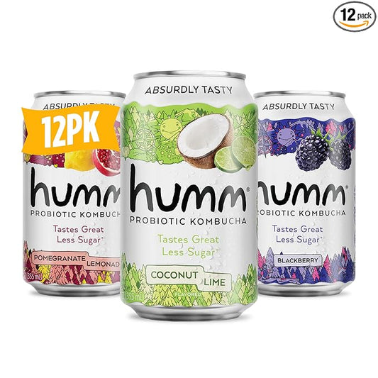 Humm Kombucha Paradise Variety 12 Pack, 2 Billion Probiotics for Gut Health, Blackberry, Coconut Lime, Pomegranate Lemonade