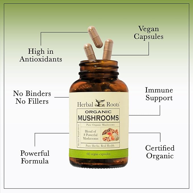 Herbal Roots Organic 8 Mushroom Blend Supplement Capsules - 100% Fruiting Body Extracts - Wellness and Immunity - 60 Vegan Capsules