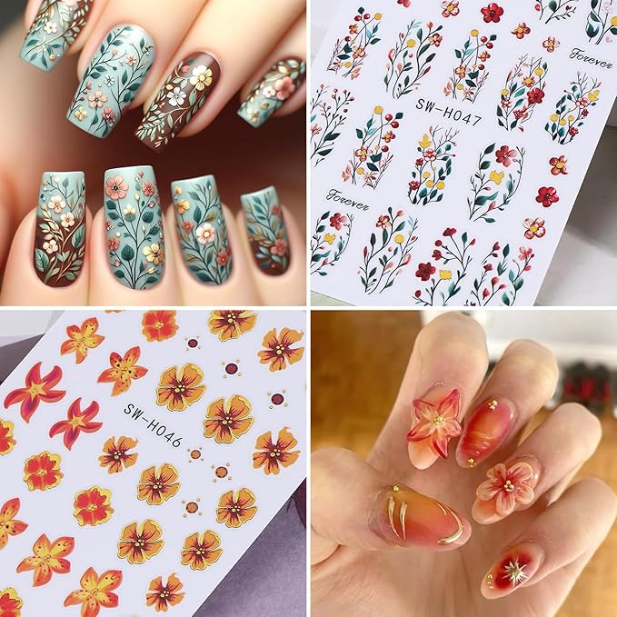 Colorful Flowers Nail Art Stickers 3D Orange Flower Nail Decals with Gold Edge Designs Nail Stickers Self-Adhesive Wildflowers Leaf Nail Decal Cute Floral Leaves Nail Sticker for Women Nails Decor