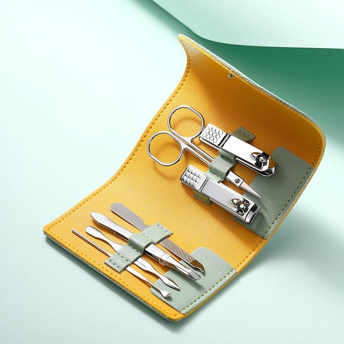 12 Set Manicure Set Bulk Mini Manicure Nail Clipper Kit 7 in 1 Stainless Steel Professional Nail Care Pedicure with Travel Portable Bag Grooming Kits for Christmas Women Men Home(Light Green)