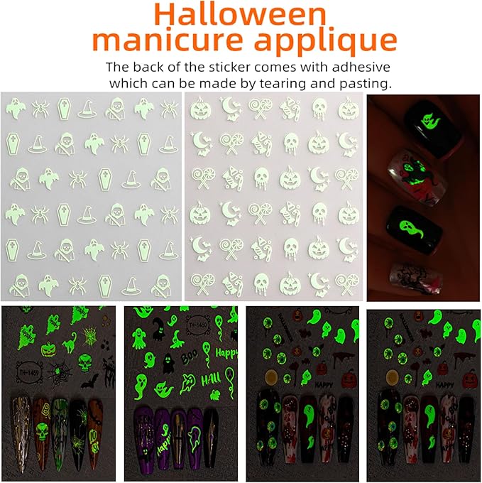 Halloween Nail Stickers - Halloween Nail Decals,3D Self-Adhesive Night Light Elements Nail Art Decals Holiday Nail Stickers for Women Grils (6 Sheets)