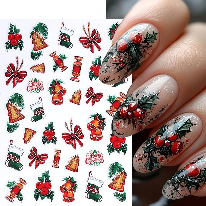 6 Sheets Christmas Bell Holly Leaf Nail Art Stickers 3D Clock Glitter Firework Design Nail Decals Xmas Tree Bow Nail Design Santa Claus Elk Nail Supplies for New Year Holiday Nail Art Decorations