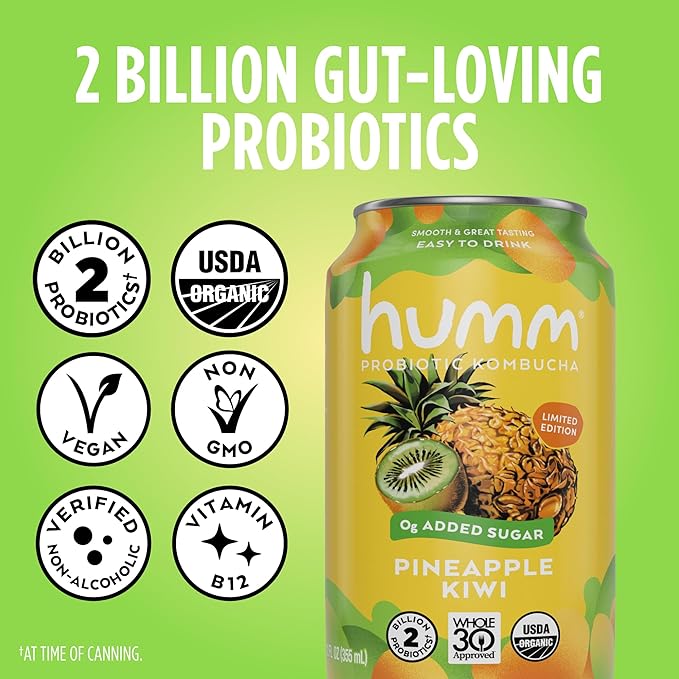 Humm Whole30 Approved Kombucha, Pineapple Kiwi, Organic, Vegan & GMO Free (24 Pack)