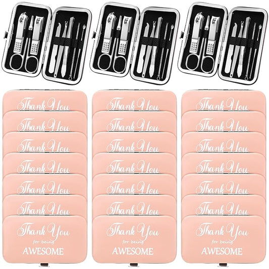 Therwen 24 Sets Manicure Set Nail Clippers 8 in 1 Stainless Steel Grooming Nail Kit Thank You Appreciation Gift Professional Pedicure Tool for Men Women Personal Care(Pink)