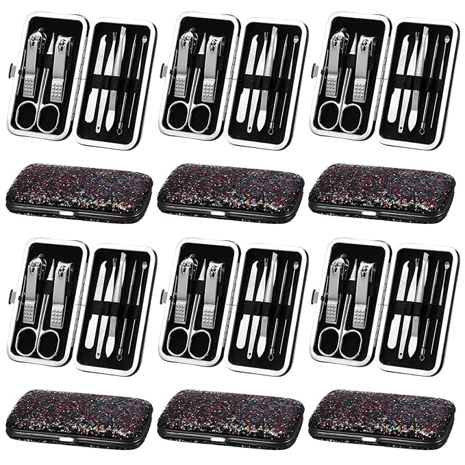 Geosar 12 Set 8 in 1 Manicure Set Stainless Steel Nail Clippers Kit Pedicure Care Tools with Leather Case Travel Grooming Kit Gift for Women Men(Glitter Dark Red)