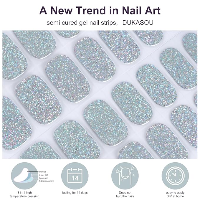 Semi Cured Gel Nail Strips,28 PCS Nail Art Stickers(Shiny Silver),Gel Stickers for Nails UV Light, Nail Polish Strips Includes Prep Pads, Nail File & Wood Stick