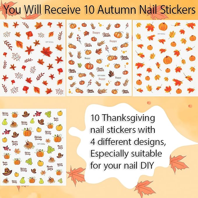 10 Sheets Thanksgiving Day Nail Stickers for Nail Art Fall Nail Sticker 3D Self-Adhesive Shiny Autumn Maple Leaf Turkey Pumpkin Nails Decals Holiday Maple Leaves Manicure Decoration for Salon Nails