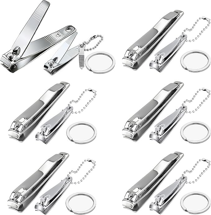 12-Piece Stainless Steel Fingernail & Toenail Clippers Set with File & Keychain - Bulk Nail Clippers Kit for Men/Women, Home, Travel, Gifts, Homeless Care Supplies (6 Small + 6 Medium)