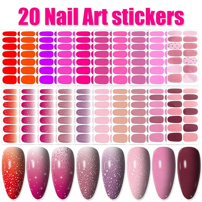 Wokoto 20 Sheets Pink & Red Nail Wraps - Solid & Gradient Designs, Stickers, Full Nail Wraps, Art Decals
