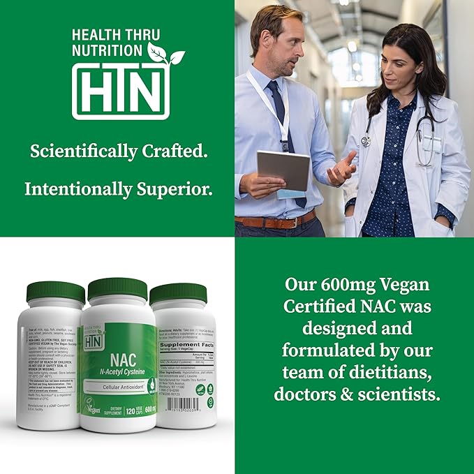 Health Thru Nutrition NAC N-Acetyl-Cysteine 600mg 120 Capsules | Vegan Certified | The Purest NAC Supplement | Supports Healthy Lung Liver Functions & Cellular Health | Non-GMO Soy & Gluten Free