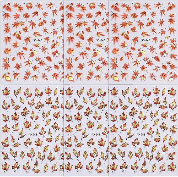 Fall Nail Stickers Laser Maple Leaf Nail Decals 6PCS Self Adhesive Pegatinas para Uñas Autumn Brown Yellow Leaves Design Nail Art Supplies DIY Manicure Supplies for Women Nail Decorations Charms