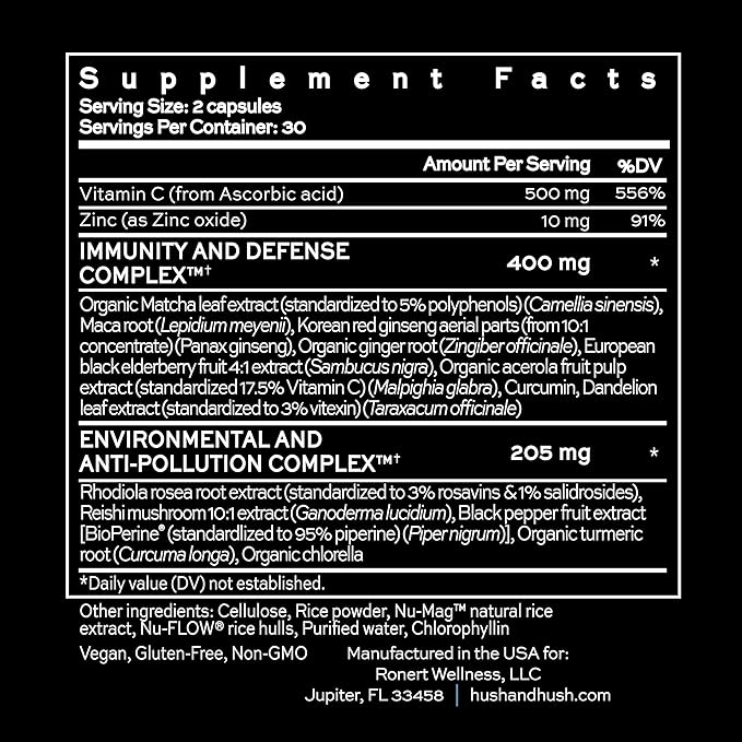 Hush & Hush ShieldUp - Immune Booster Energy Supplement - Brain Booster - Vitamin C, Maca Root, Turmeric and Organic Matcha Leaf Extract - Vegan, Gluten Free - 60 Capsules