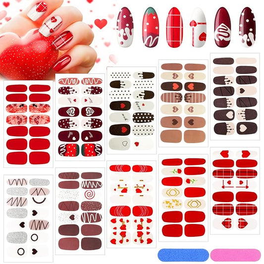 140 Pcs 10 Sheets Valentine's Day Full Wrap Nail Stickers Polish Strips Gradient Stickers Glitter Self Adhesive DIY Art Decals Strips with 2 Pcs Nail Files for Valentine Decor (Sweet Style)