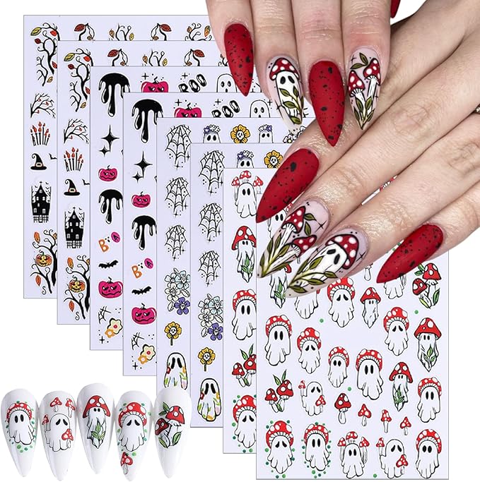 8 Sheets Halloween Nail Art Stickers 3D Self Adhesive Cute Ghost Pumpkin Nail Decals Flower Spooky Mushroom Nail Design Spider Bats Blood Drop Supplies for Women Scary Halloween Manicure Decoration