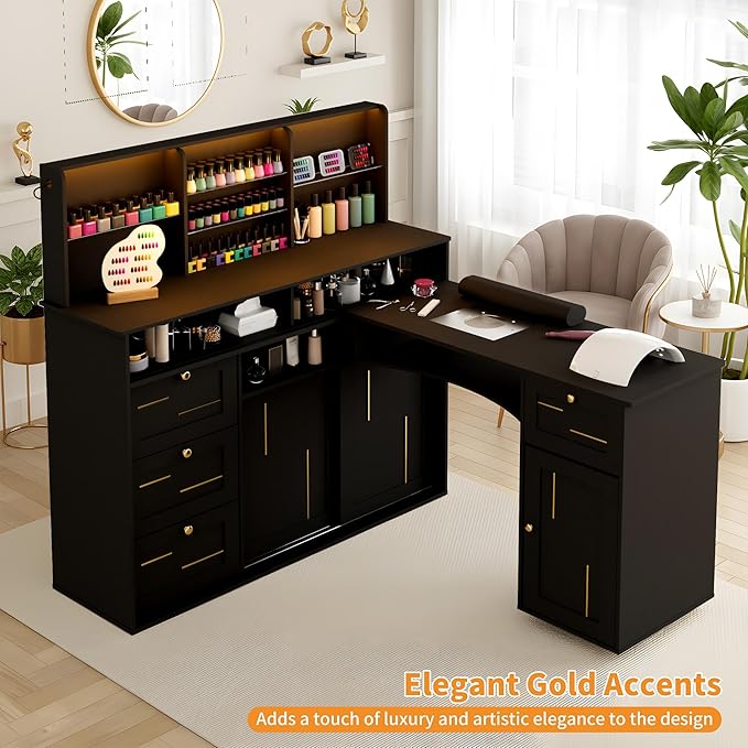 Manicure Table with Dust Collector, L-Shaped Nail Desk with Mobile Desktop, LED Light, Glass Display Rack, Storage Cabinets and Drawers for Home Spa Beauty Salon Nail Station, Black