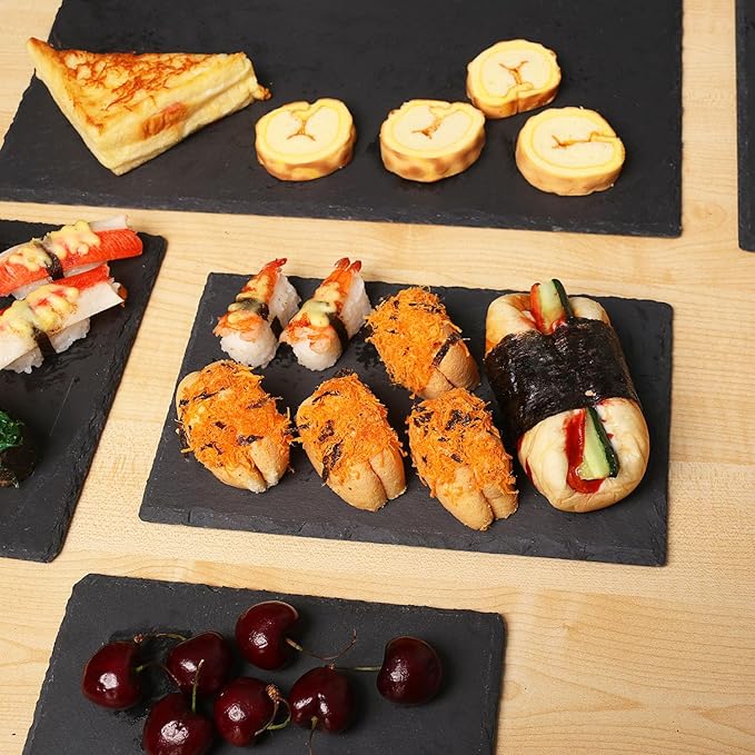 8 Pack 10 x 6 Inch Slate Cheese Boards, Black Rectangle Slate Charcuterie Boards, Natural Charcuterie Stone Plates for Parties, Gifts, and Special Events, Cheese, Sushi, Food.