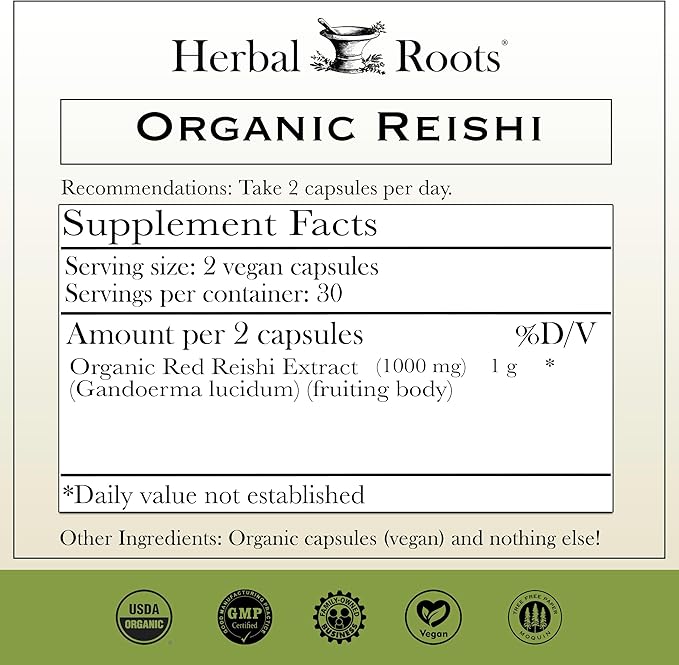 Herbal Roots Organic Reishi Capsules - Made with Fruiting Bodies - Support Energy, Vitality, Immune & Heart Health - 60 Vegan Capsules