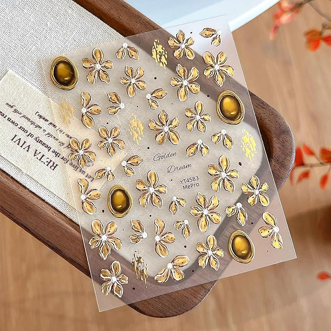 1Sheet Self-Adhesive Bronzing Devil Flower Nail Art Stickers 5D Embossed Light Brown Flowers Designs Nail Decals Cute Floral Nail Stickers Spring Summer Nail Art Supplies for Women Nails Decoration