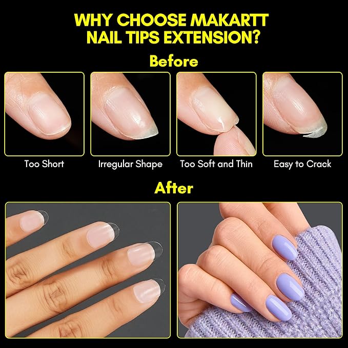 Makartt Short Oval Nail Tips: 500pcs Full Cover Clear Press on Acrylic Nails Extension 10 Sizes Natural Soak Off Soft Gel Manicure Fake Tip Salon DIY Home