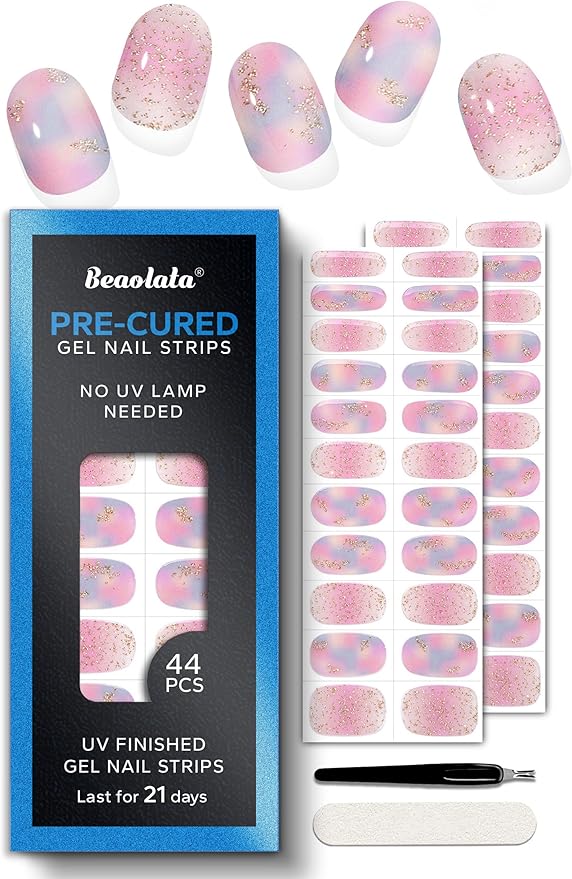 Pre Cured Gel Nail Strips - 44PCS Salon Quality Gel Nail Stickers - Long Lasting Polish Wraps for Women no UV Light Needed Easy Apply& Remove (Dusk Pink）