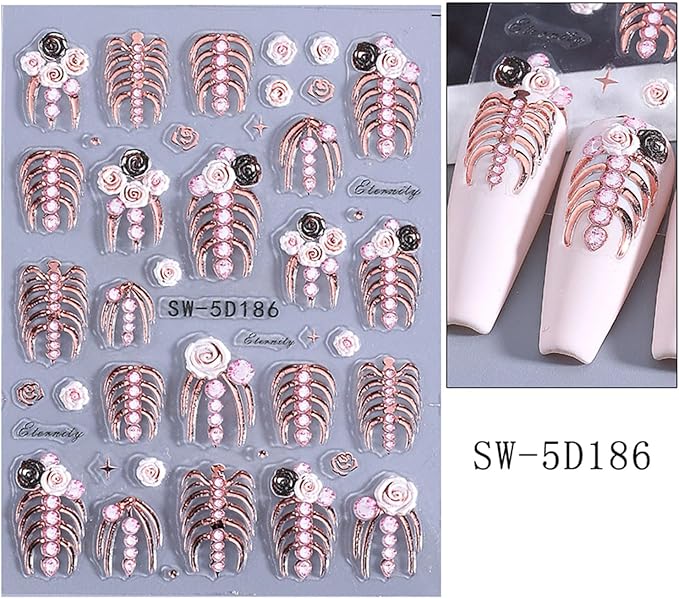 Halloween Nail Stickers Gold Finger Bones Nail Decals 5D Embossed Nail Supplies Rose Gold Bone Skeleton Nail Art Stickers for Acrylic Nails for Women DIY Manicure Decorations 2PCS