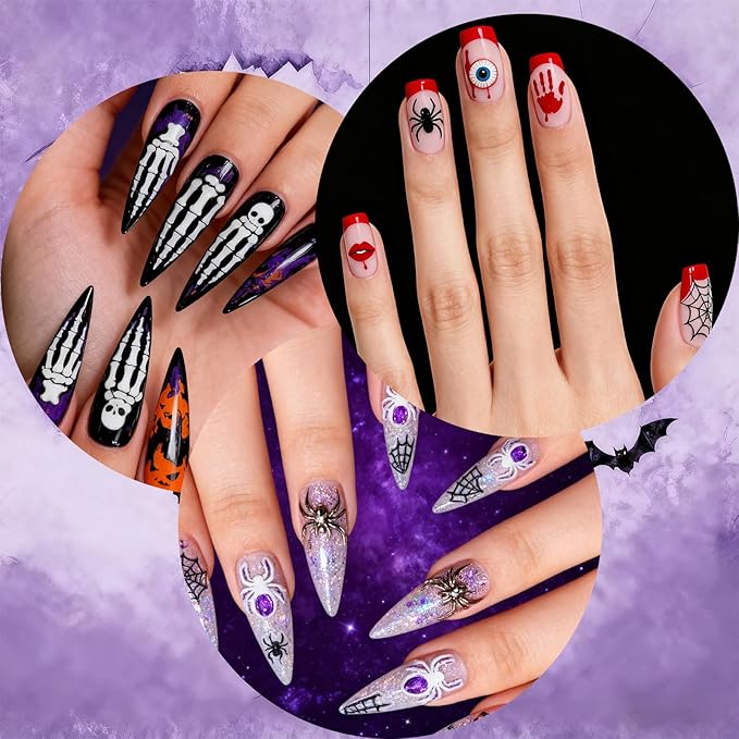 Allstarry Halloween Nails Stickers, 6 Sheets Halloween Nail Decals 5D Embossed Bone Skeleton Skull Spider Ghostface Ghost Nail Stickers Spooky Horror Nails Decals for Women Gifts Nail Art