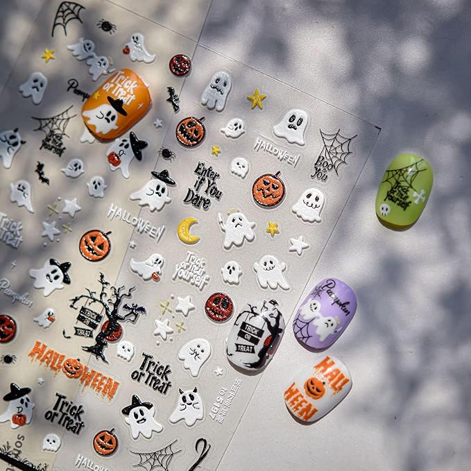 1Sheet Embossed 5D Halloween Nail Stickers Cute Ghost Pumpkin Nail Decals Self-Adhesive Halloween Spider Web Bats Nail Supplies Pegatinas Uñas Spider Nails Design for Women DIY Manicure Decoration