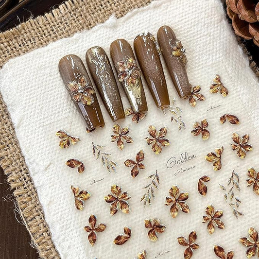 1Sheet Devil Flower Nail Art Stickers 5D Embossed Brown Flowers Designs Nail Decals for Acrylic Nails Self-Adhesive Cute Floral Nail Stickers Shiny Leaf Nail Decal for Women Nails Decor Accessories