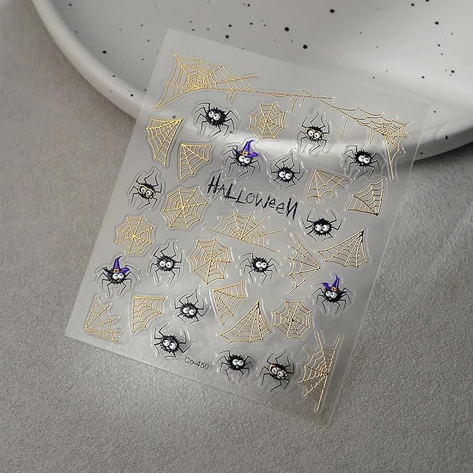 Halloween Nail Art Stickers 5D Embossed Nail Decals Gold Spider Web Nail Stickers Halloween Spider Nail DIY Supplies Decorations for Women (1 Sheet)