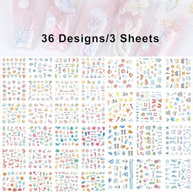 Summer Nail Stickers for Nail Art 36 Designs Ocean Water Transfer Nail Decals Sea Shell Starfish Jellyfish Sea Turtle Seaweed DIY Stickers Nails Supplies Vacation Beach Manicure Decoration 3 Sheets