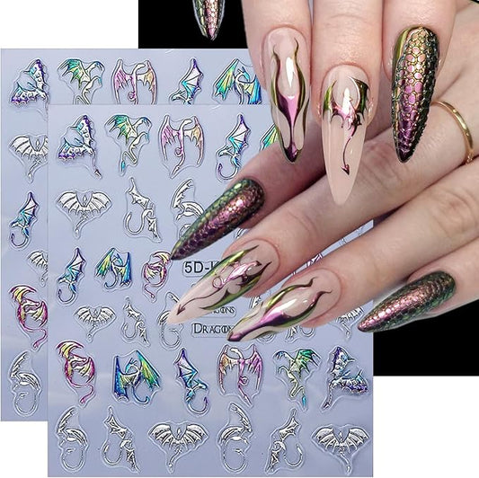 2 Sheets Halloween Dragon Nail Stickers 5D Embossed Laser Gold Silver Nail Art Sticker Horror Bat Dragon Self-Adhesive Design Gothic Nail Decals Nail Supplies for Women Acrylic Manicure Decorations