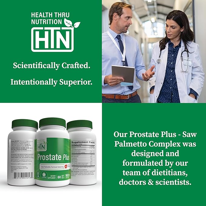 Health Thru Nutrition Prostate Plus with Saw Palmetto Extract, Lycopene as Lycored, Plant Sterols, Selenium, Zinc and Pumpkin Seed | Complete Prostate Support | Non-GMO & Gluten Free (Pack of 60)