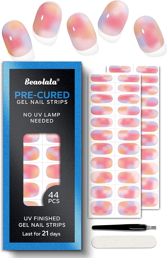 Pre Cured Gel Nail Strips - 44PCS Salon Quality Gel Nail Stickers - Long Lasting Polish Wraps for Women no UV Light Needed Easy Apply& Remove (Shimmer Pink)