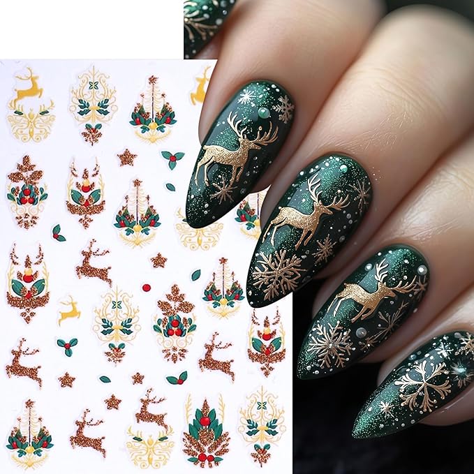 6 Sheets Christmas Bell Holly Leaf Nail Art Stickers 3D Clock Glitter Firework Design Nail Decals Xmas Tree Bow Nail Design Santa Claus Elk Nail Supplies for New Year Holiday Nail Art Decorations