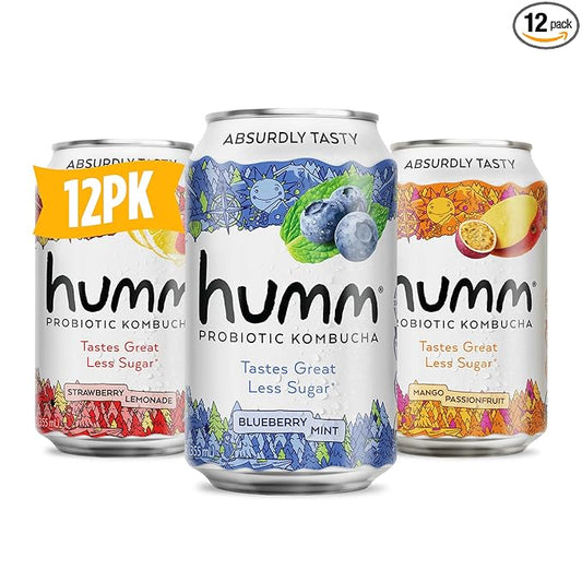 Humm Probiotic Kombucha The Original Variety 12 Pack, Organic, 2 Billion Probiotics for Gut Health, Mango Passionfruit, Blueberry Mint and Strawberry Lemonade